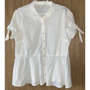 Women's peplum XXL White Button-Up Short Sleeve peek a boo shoulder ELLE